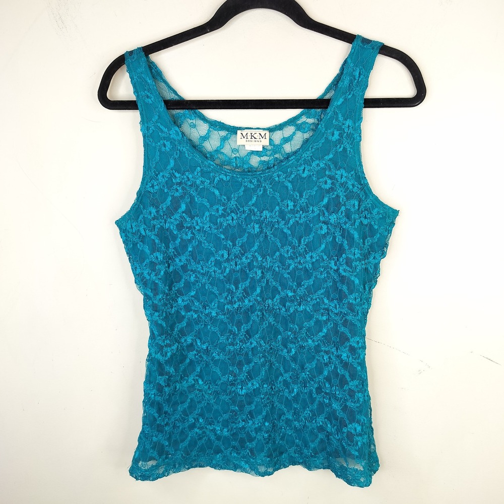 MKM Designs Vintage Floral Lace Tank Top Womens Large Y2K Fairycore Teal Blue